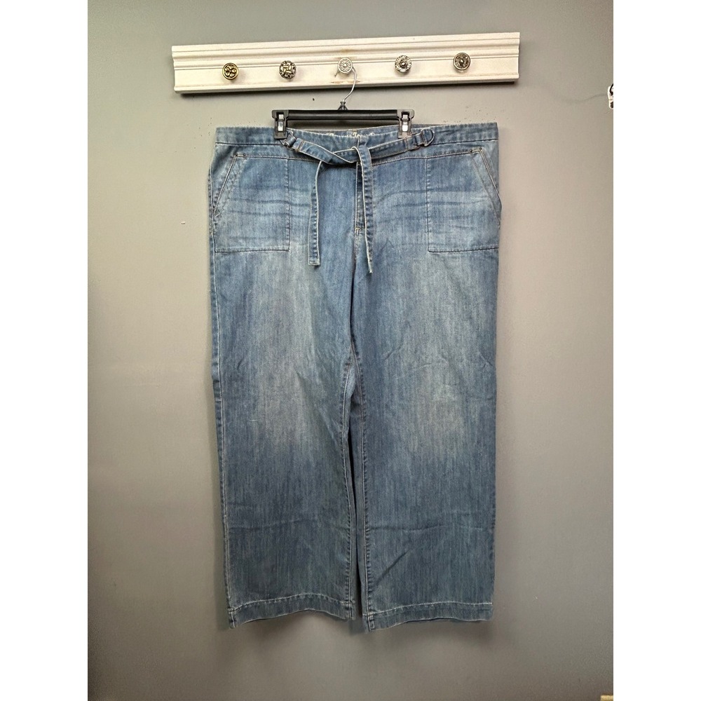 Avenue Jeans Women's Wide Leg Denim Pants Size 26 Belted Blue Light Wash Patch‎